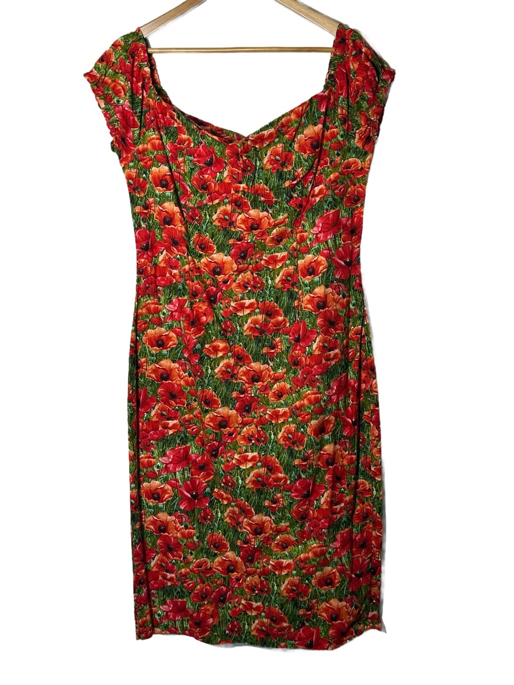 Bernie Dexter Dress Sz L Vintage Pin Up Red Poppy Floral Midi Sheath Green